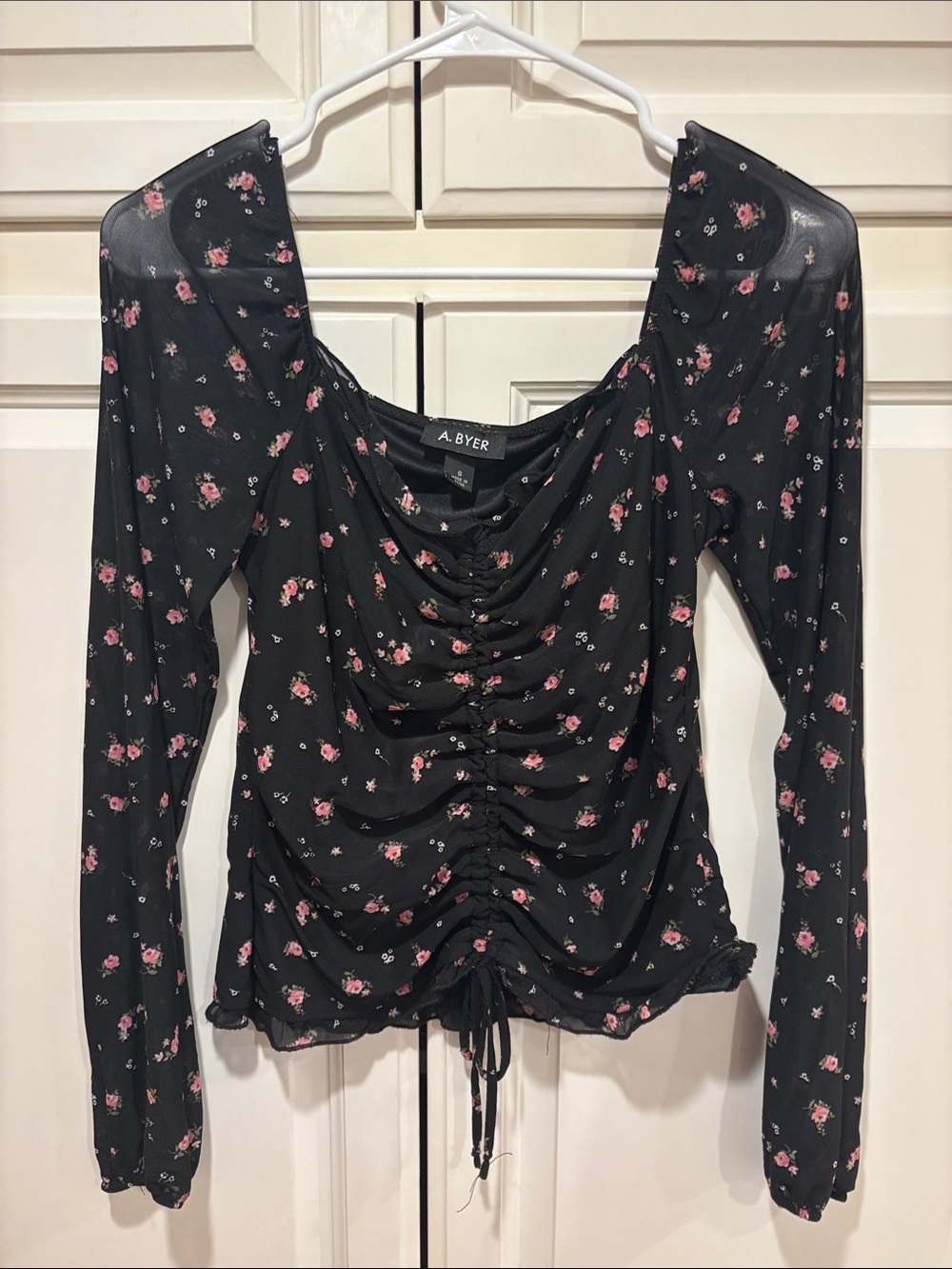 A. Byer Black Long-Sleeve Floral Ruched Drawstring Top